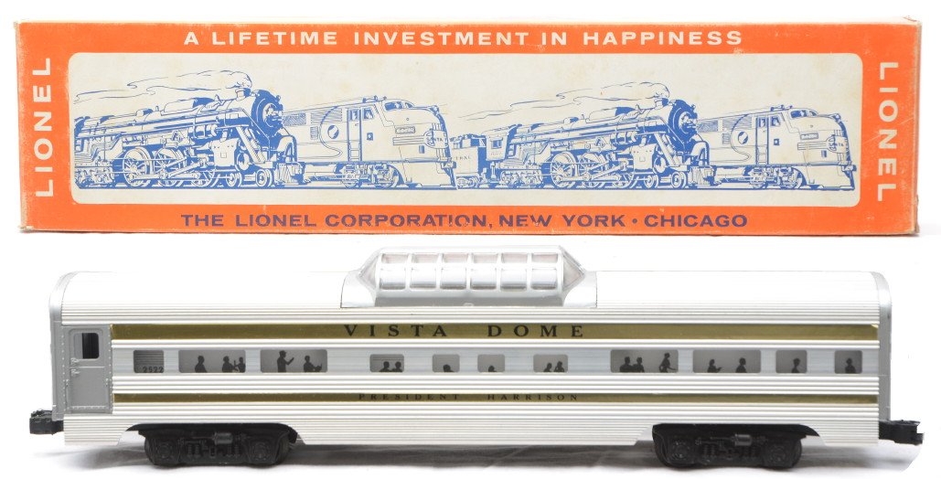Lionel 2522 President Harrison Vista Dome OB: Lionel postwar aluminum gold stripe 2522 President Harrison vista dome in OB. The aluminum on the car is bright and clean. Car has very light run time, C8. The OB has all flaps attached and one flap h
