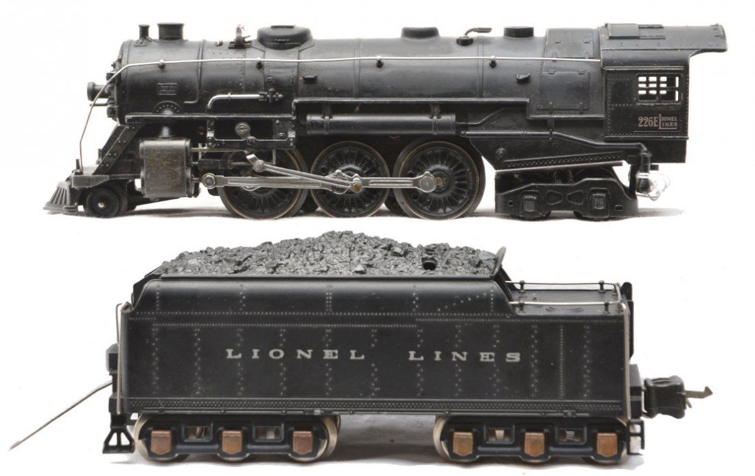 Lionel Prewar 226E Steam Loco 2226W Tender: Lionel prewar O gauge 226E black 2-6-4 steam loco and a 2226W tender. The tender has repainted side frames on the trucks and has incorrect copper journals. The rollers and the wheels on the tender als