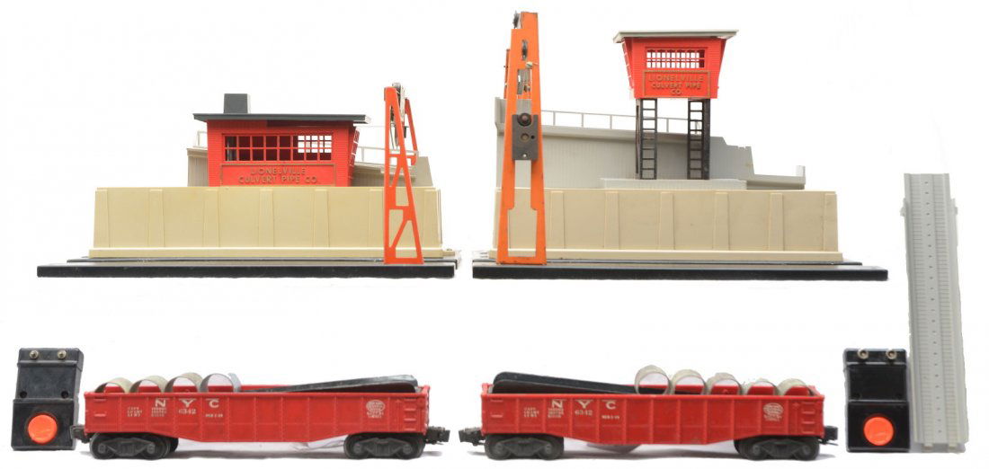 Lionel 342 Culvert Loader 345 Culvert Unloader: Lionel postwar 342 culvert loader with a 6342 red New York Central gondola, culverts and 90 controller. Also included is a 345 culvert unloader with a 6342 red New York Central gondola, culverts, 345-