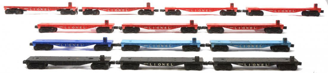 Lionel 2-3330 3419 6670 6801 2-6812 2-6812 2-6175: Lionel postwar flatcars including; two 3330, 3419, 6670, 6801, two 6812, two 6818, 6819, two 6175 and one black unnumbered. Please view photo to verify selection and condition.