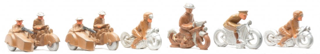 Barclay and Manoil Figures on Motorcycles: Barclay and Manoil figures on motorcycles including; two figures on motorcycles with side cars and machine gunners, gunner figure on motorcycle and three figures on motorcycles. The figures have minor