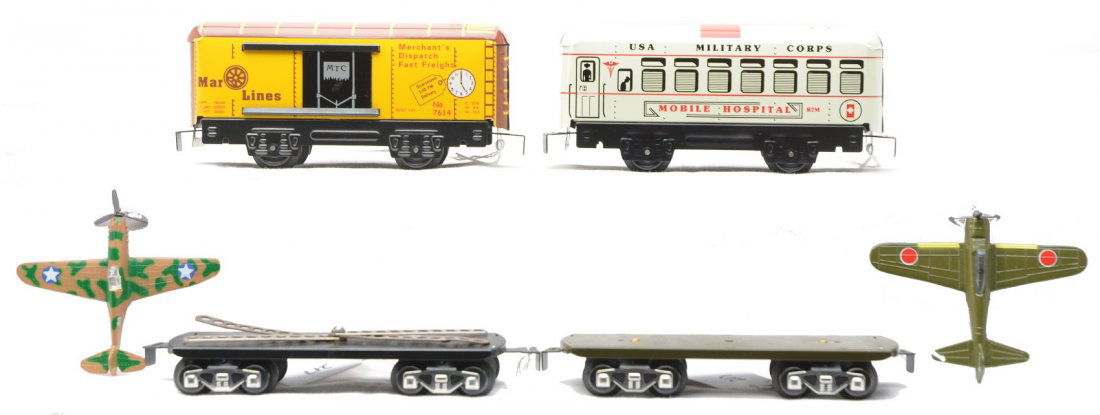 Marx Repro Marx Trains Hospital Boxcar Flatcars: Marx freight cars reproduction by Marx Trains including; USA Military Corps Mobile Hospital car and a MarLines Merchant's Dispatch Fast Freight boxcar both with four wheels and two eight wheel flatcar