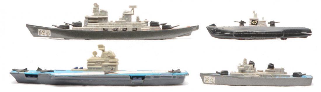TootsieToys Battleship Carrier Destroyer Sub: TootsieToys assortment of ships including; battleship, aircraft carrier, destroyer and a submarine, C7.