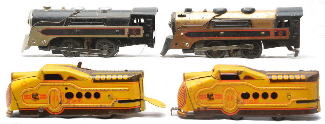 Marx 391 CP 3000 CP Locos M10005 UP AA Units: Marx 391 Canadian Pacific black 0-4-0 steam loco and a 3000 Canadian Pacific 0-4-0 steam loco with a copper boiler, C5. Also included is a M10005 Union Pacific Streamlined 792 power A and 735D dummy A