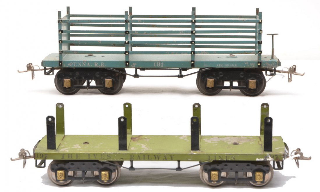 Ives 191 Penna. R.R.Coke Car 197 Lumber Car: Ives prewar wide gauge 191 cadet blue Penna. R.R. Coke car and a 197 green lumber car with black stakes both with brass journals and snake pull couplers, circa 1928-1930. The black stakes on the 197 m