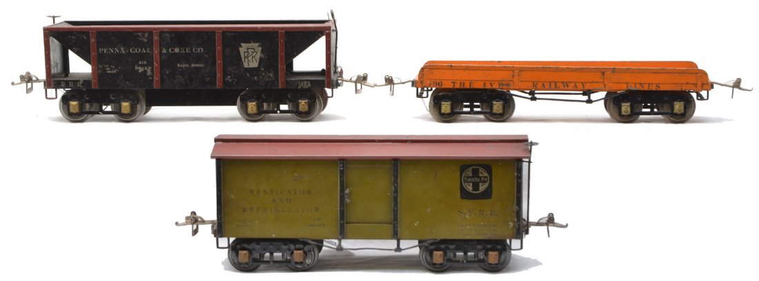 Ives Freight Cars w/Brass Journals 192 194 196: Ives prewar wide gauge freight cars with brass journals including; 192 olive green Santa Fe merchandise car with a red brown roof, 194 black Penna Coke & Coal Co. hopper with red braces and white lett
