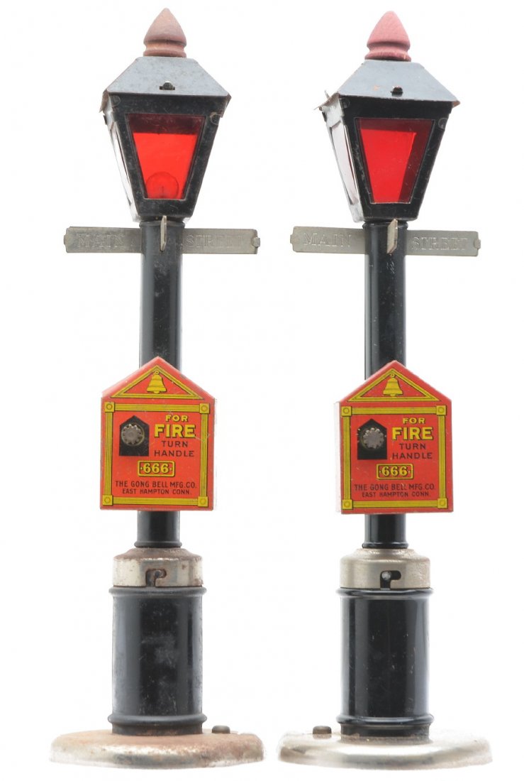 The Gong Bell Mfg. Co. Street Lamps w/Fire Boxes: The Gong Bell MFG. CO. East Hampton, Conn. two street lamps each with Main and State Street signs and 666 fire boxes, one is C5 and one is a C6.