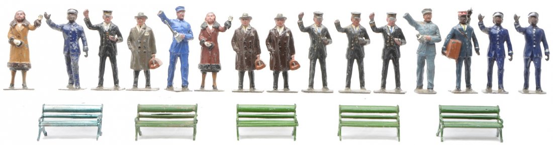 John Hill & Co. Lionel Selection Railroad Figures: John Hill and Company made in England for Lionel trains fifteen Railroad figures. Also included are five benches. Three of the figures have broken arms. Figures have minor to moderate paint loss.