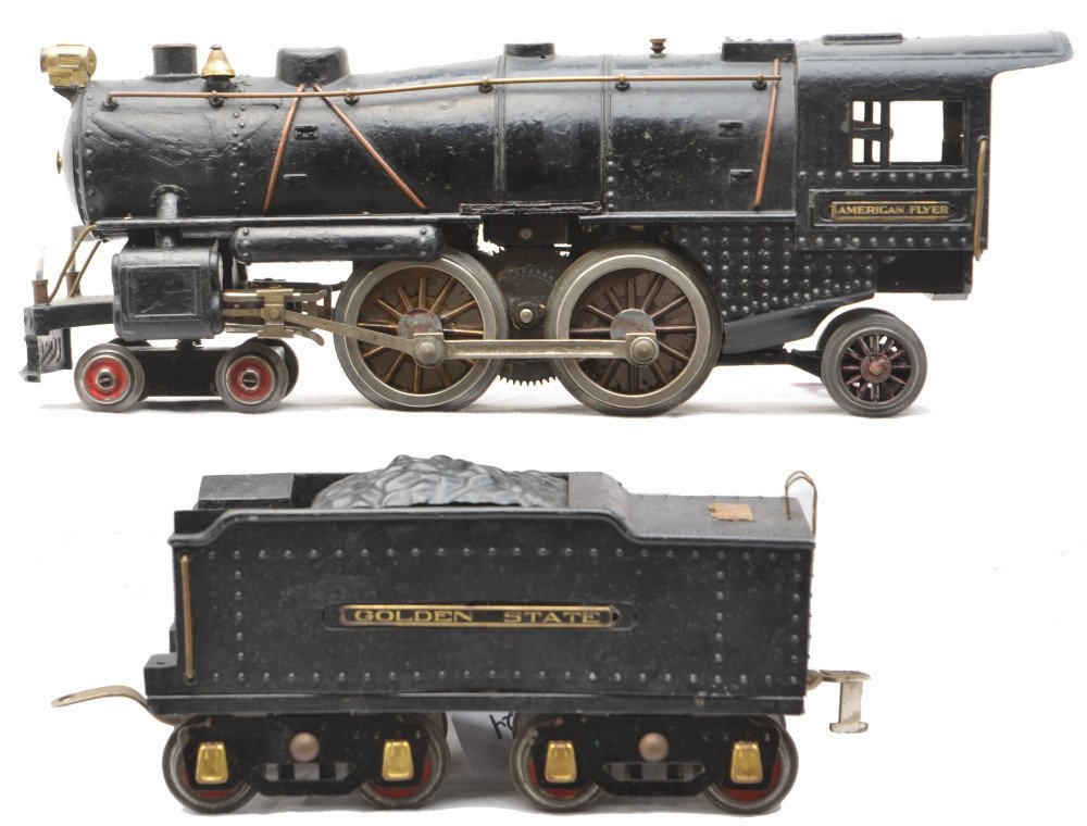 AF 4694 w/1134 Ives Boiler Golden State Tender: American Flyer prewar wide gauge 4694 steam 4-4-2 loco with a 1134 Ives die cast boiler and a die cast coal tender which has Golden State plates. The engine has heavy paint touchup and casting repair 