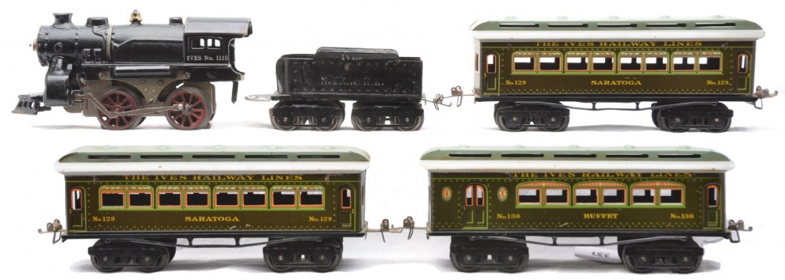 Ives Green Litho Pass Set 403 1118 25 130 129 129: Ives prewar O gauge green lithographed passenger set no. 403 including; 1118 black 0-4-0 steam loco, no. 25 N.Y.C & H.R. tender, 130 Buffet and two 129 Saratoga Parlor cars. The set is C6, except for 