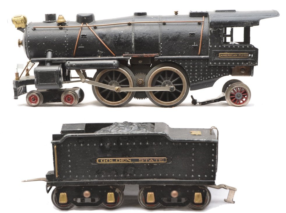 AF 4694 w/1134 Ives Boiler Golden State Tender: American Flyer prewar wide gauge 4694 steam 4-4-2 loco with a 1134 Ives die cast boiler and a die cast coal tender which has Golden State plates. The engine has a broken window strut which is included