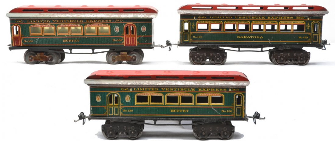 Ives Green Litho LVE Pass Cars 130 130 129: Ives prewar O gauge eight wheel green wood simulated lithographed Limited Vestibule Express passenger cars with gray and red roofs including; 130 Buffet car with T trucks and clear window celluloid, 1