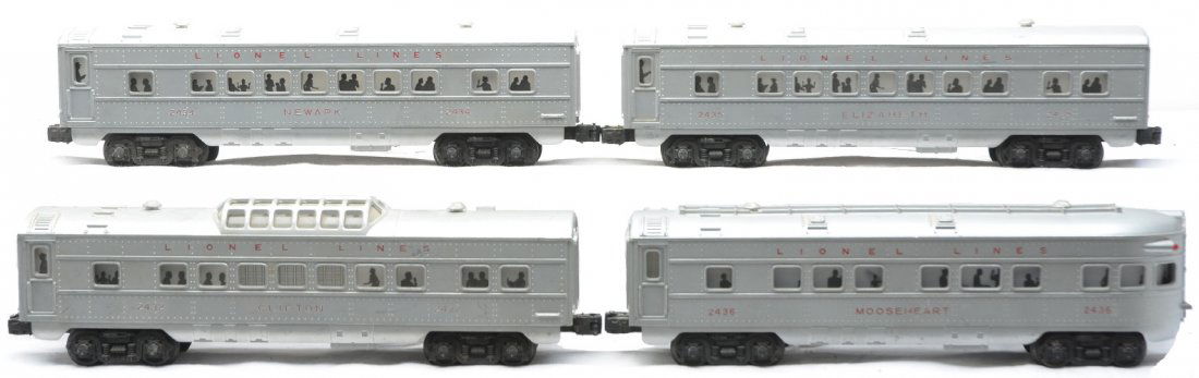 Lionel Silver Pass Cars 2434 2435 2432 2436: Lionel postwar silver passenger cars with red lettering; 2434 Newark Pullman, 2435 Elizabeth Pullman, 2432 Clifton vista dome and a 2436 Mooseheart observation. The cars are C5-6.