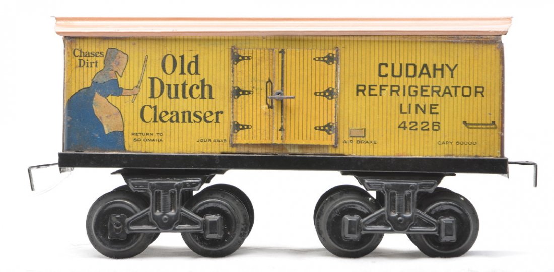 Bing Litho 4226 Old Dutch Cleanser Cudahy Reefer: Bing prewar standard gauge lithographed 4226 Old Dutch Cleanser Cudahy Refrigerator Line car. The roof has been repainted. Car is C6.