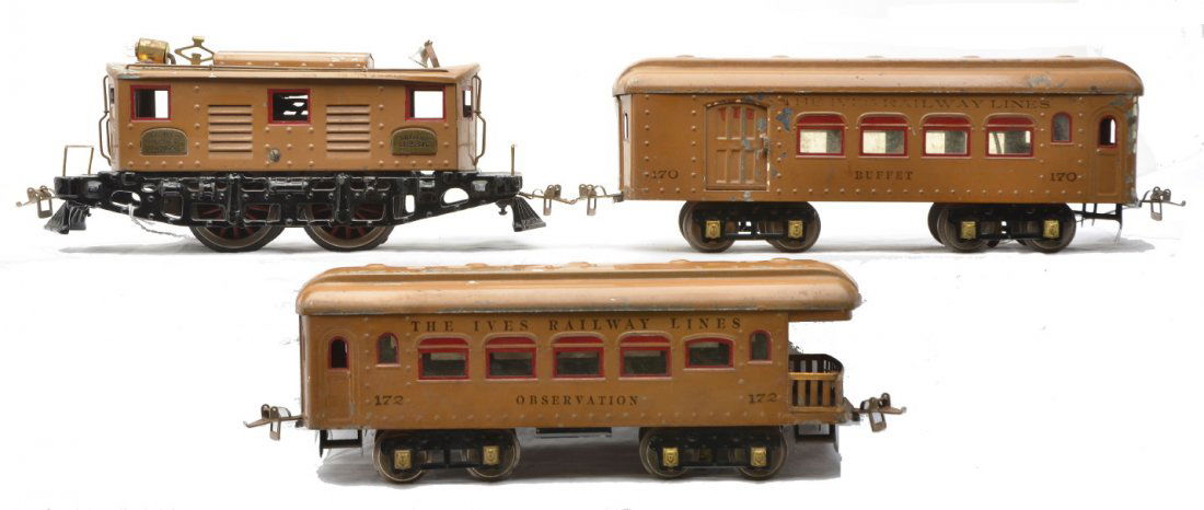 Ives Tan 3236 Loco Stamped Pass Cars 170 172: Ives prewar wide gauge tan 3236 electric 0-4-0 loco and passenger cars with rubber stamped lettering and numbers, red window inserts and brass journals; 170 Buffet and 172 observation. Loco is C4 and