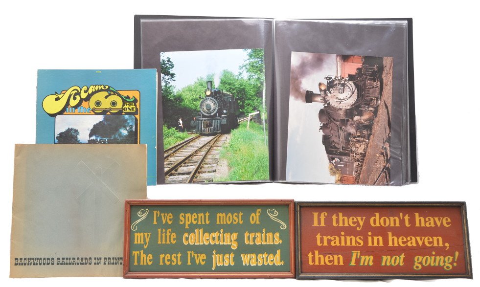Photo Album Wooden Plaques LP Record Book: Photo album of real railroad and model trains titled Journey by Rail created by the owner, two wooden plaques. Also included is book titled Backwoods Railroads in Print by Richard Steinheimer and a LP
