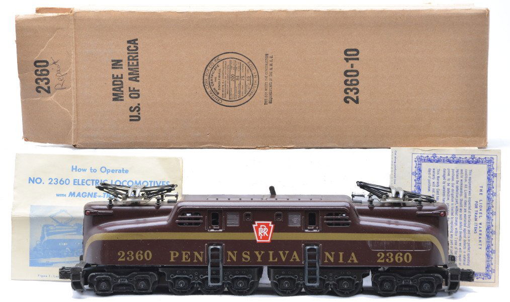 Lionel 2360 Tuscan PRR GG1 Electric Loco: Lionel postwar 2360 Tuscan Pennsylvania GG1 electric loco with solid stripe and instruction sheet in a reproduction box. The loco has been restored to look like new.