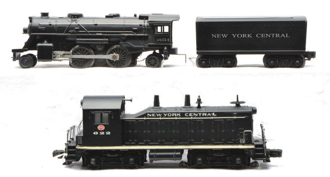 Lionel NYC NW-2 Switcher 2034 Loco Tender: Lionel postwar NW2 switcher that has been restored, lettered New York Central and numbered 622. Also included is a 2034 black 2-4-2 steam loco with a New York Central tender which have been restored.