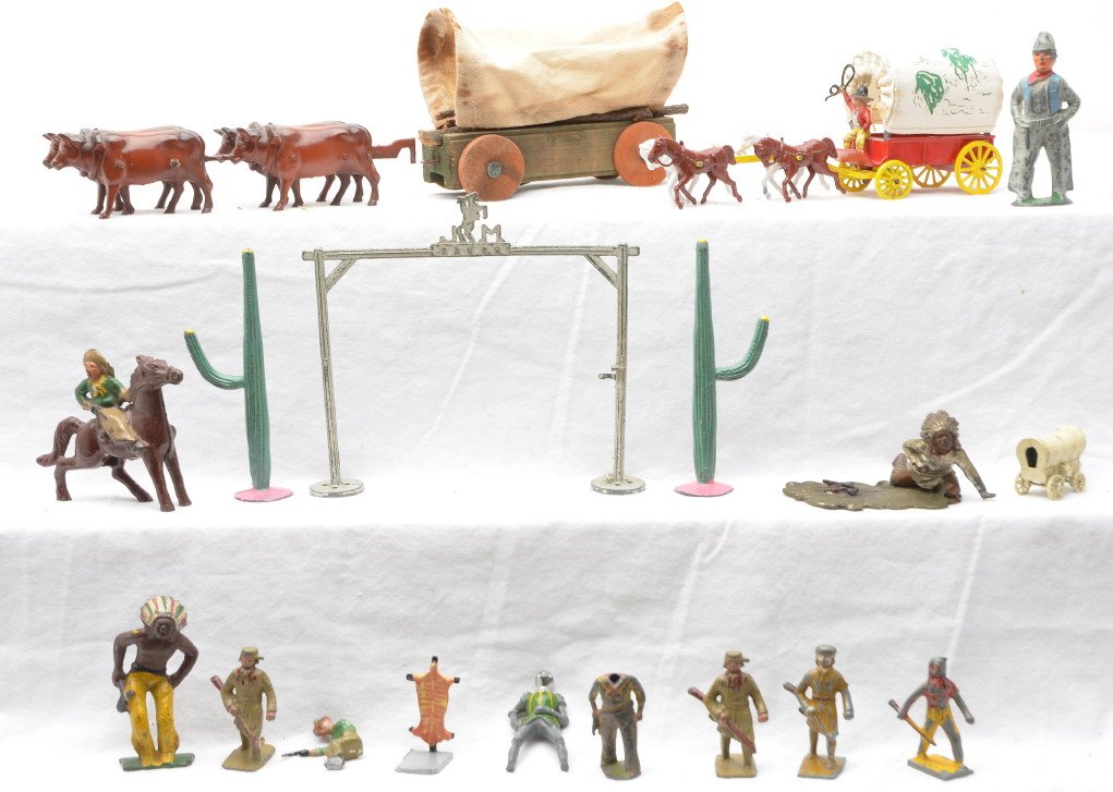Selection of Cowboys Indians Old West Accessories: Selection of cowboys, Indians and old West accessories including; Grey Iron. Manoil cactus and gate from the ranch series and Lincoln Log figures and a covered wagon. Please view photo to verify selec