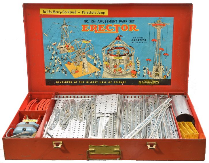 A.C. Gilbert Erector no. 10 1/2 Amusement Park: A. C. Gilbert Co. Erector no. 10 1/2 amusement park set in a red metal case which appears to be complete with all components. The inside and outside of the case has nice color labels. Please view phot