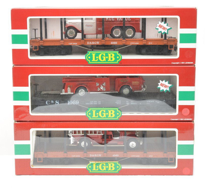 LGB 4060 D&RGW 42690 C&S Flats w/Fire Trucks: LGB G scale 4060 D&RGW flatcar and two 42690 C&S flatcars all in OBs. All three flatcars have fire trucks mounted on them. The flatcars are C8.