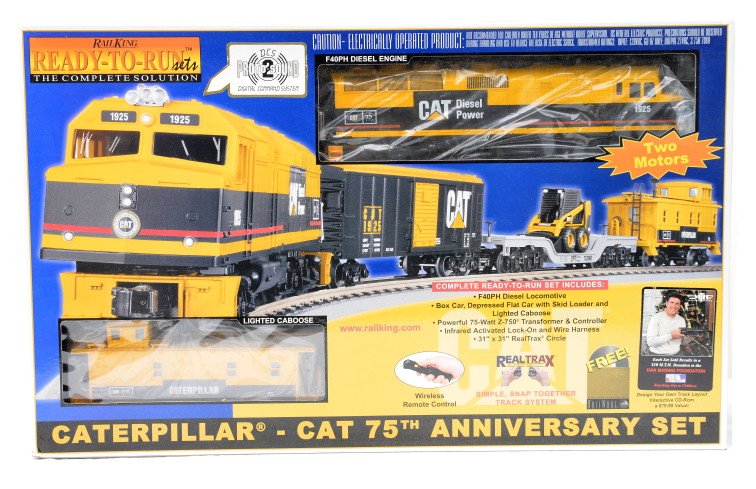 RK by MTH 30-4047-1 CAT R-T-R Train Set LN OB: Rail King by MTH 30-4047-1 CAT F40PH Ready to Run train set with ProtoSound 2.0 in OB. The set has very light run time, C8-9.