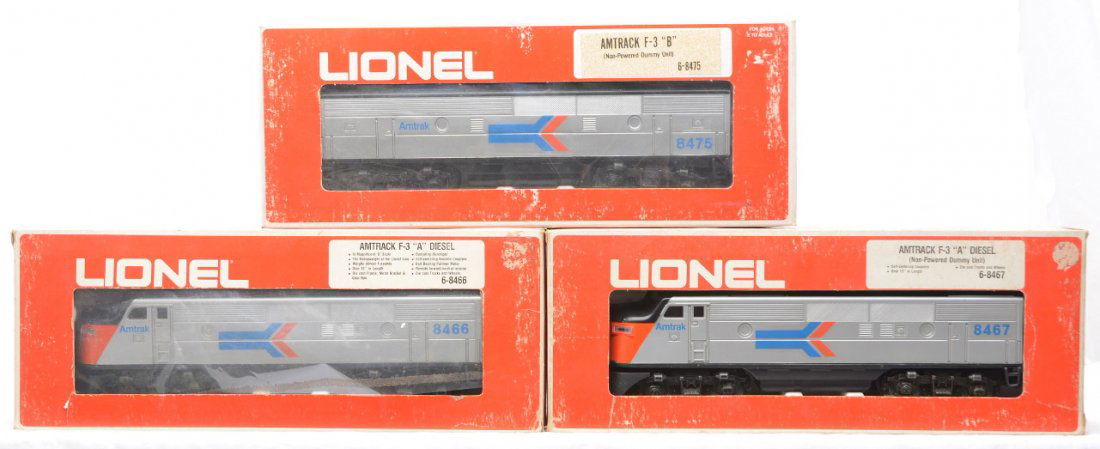 Lionel 8466 8475 8467 Amtrak F3 ABA Units LN OBs: Lionel 8466/8475/8467 Amtrak F3 ABA diesel units in OBs. There is writing on the bottom of the chassis on the A unit and all units have shelf dust, C7. The boxes are worn.