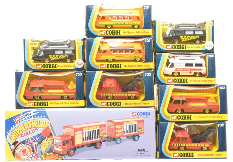 Corgi 424 700 701 702 703 Classic 97889 MINT OBs: Corgi die cast vehicles including; two 424 security vans, 700 hi-speed ambulance, two 701 hi-speed mini buses, two 702 hi-speed breakdown trucks and two 703 hi-speed fire trucks in OBs. Also included
