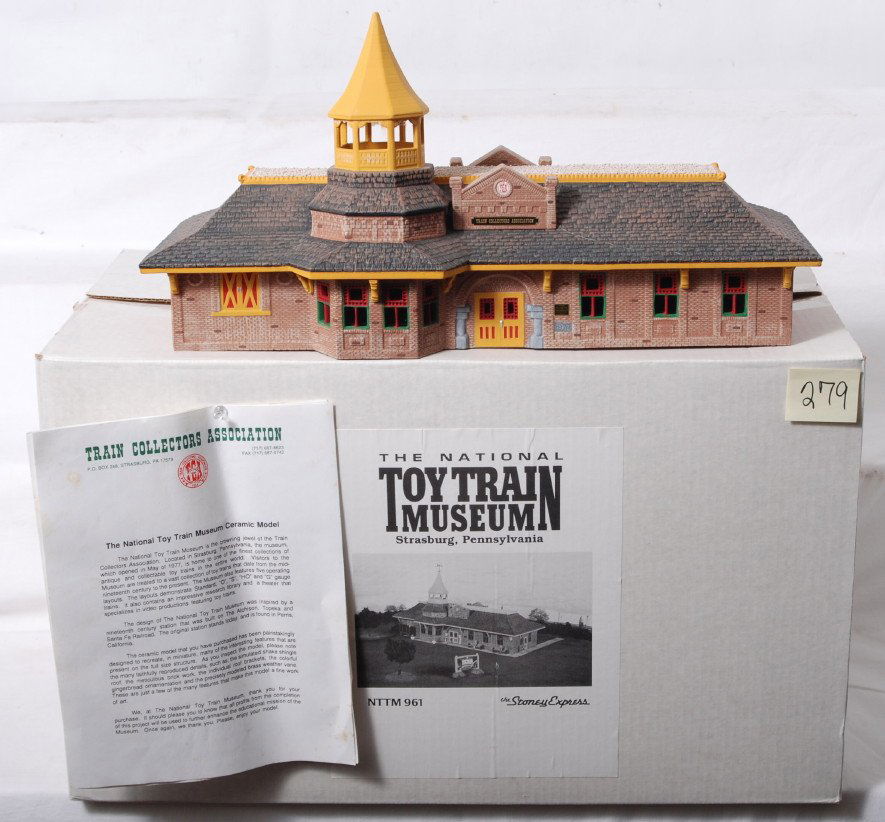 TCA Toy Train Museum ceramic building in OB: TCA Toy Train Museum ceramic building in original box with component figures and associated papers, C9. Papers have storage issues.