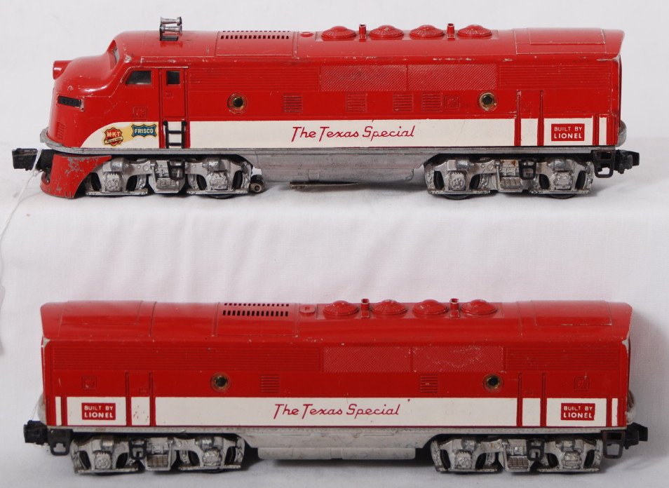 Lionel 2245P and 2245C MKT The Texas Special F3: Postwar Lionel O gauge 2245P and 2245C Missouri-Kansas-Texas, MKT The Texas Special F3 diesel A-B units. A unit has touchups and battery damage to frame with cleaned or replaced internal parts. A unit