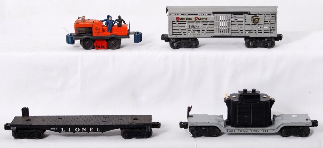 Lionel 50, 2461, 6828, 3656: Postwar Lionel O gauge 50 gang car side horn, L shaped bumper mounts, missing levers, solder repaired pickup frame. 2461 depressed center flatcar w/transformer missing insulators, step, and brake whee