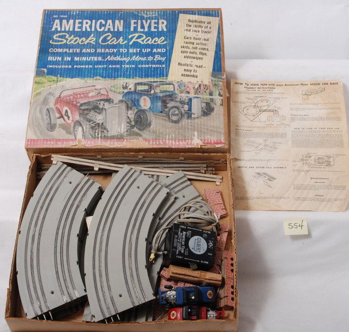 American Flyer 19060 stock car race set in OB: Postwar American Flyer S gauge 19060 American Flyer Stock Car Race set in original box. Set consists of track, transformer, two cars and trestle components, C6. Cars look nicer C7-8. Original instruct