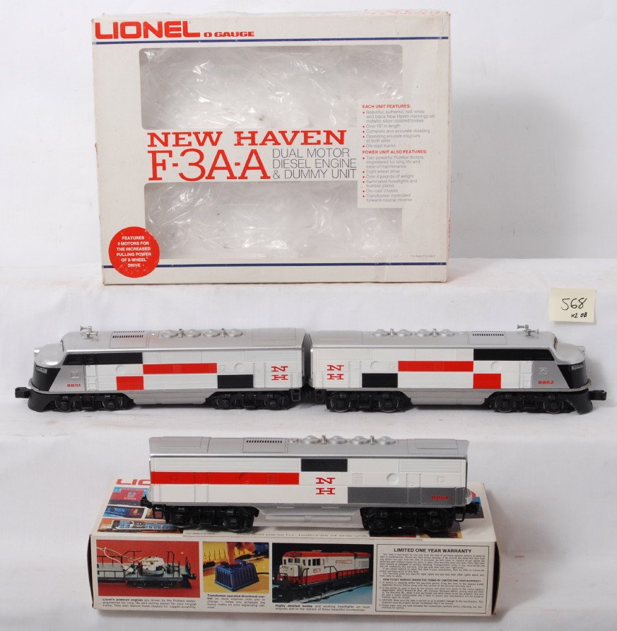 Lionel New Haven F3 A-B-A 8851 8864: Lionel modern O gauge New Haven F3 A-B-A set in OBs. Catalog numbers are 8851 and 8864. Locos are C8 with run time. OBs have some light wear.