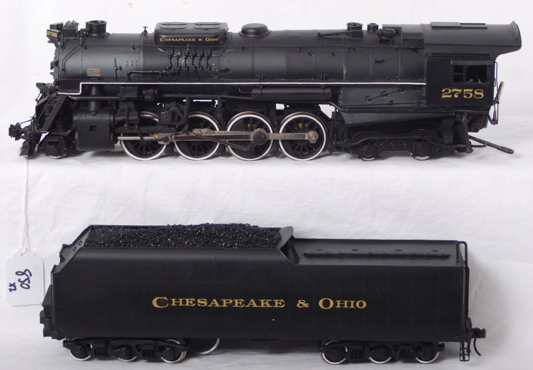 C&O brass two rail 2-8-4 Kanawha: O scale two rail modern Chesapeake and Ohio brass steam locomotive in OB. This is an import from Japan, but no other builders marks or plates. Would guess KTM or Max Gray. Loco has been painted and le