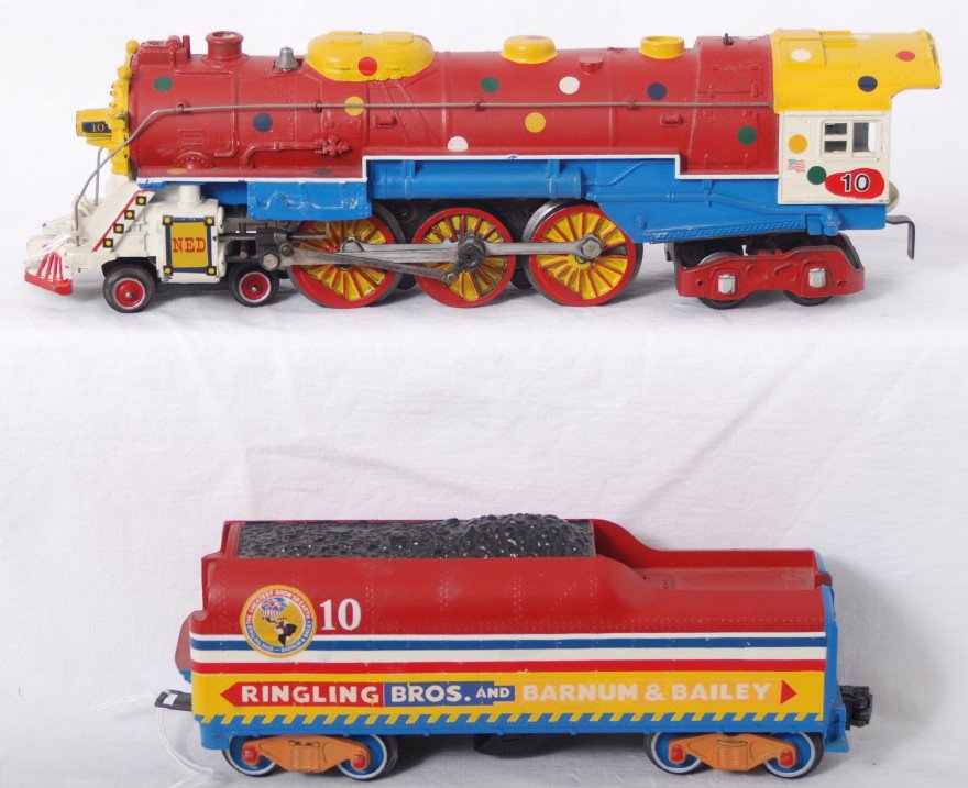 Lionel 4-6-4 steam loco and 2046W Ringling Bros. &: Postwar Lionel O gauge 4-6-4 steam locomotive with a 2046W tender w/whistle. Trains have been redecorated in Ringling Bros. and Barnum & Bailey Circus livery. Trains looks C6 area. Quite a neat lookin