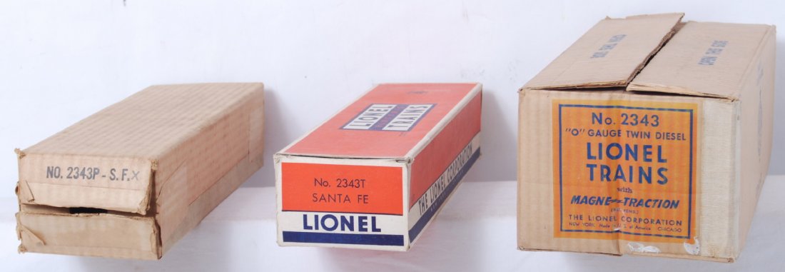 Lionel 2343 Santa Fe twin diesel master carton: Postwar Lionel O gauge 2343 Santa Fe twin diesel locomotive master carton and inner boxes. 2343T looks C7, 2343P looks C8-9, M.C. looks C8.