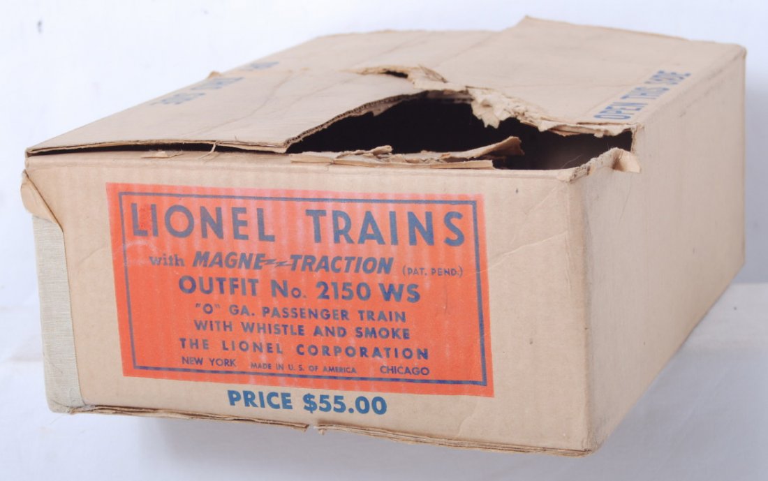 Lionel 2150 WS 681 steam turbine passenger set bo: Postwar Lionel O gauge 2150 WS set box. Set was comprised of 681 Turbine, 2671W Pennsylvania whistle tender, 2421 Maplewood Pullman, 2422 Chatham Pullman, and 2423 Hillside Observation in silver and g