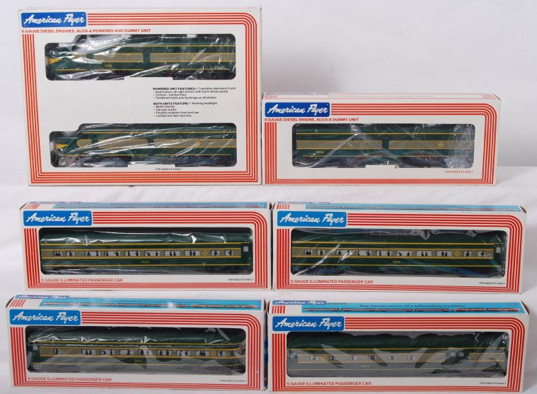 American Flyer Erie diesel Alco PA-PB-PA passenge: Modern era Lionel / American Flyer Erie diesel Alco PA-PB-PA passenger train lashup in original boxes, C9-10. Powered unit has been barely test run, rest of train is unrun. Boxes show no wear or price