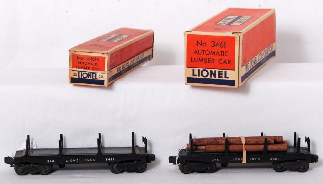 Lionel 3461 and 3461X-25 automatic lumber cars in: Postwar Lionel O gauge 3461 and 3461X-25 automatic lumber cars in original boxes, C6-7. 3461X-25 OB is missing tuck flap, otherwise square and solid. 3461 OB looks C8.