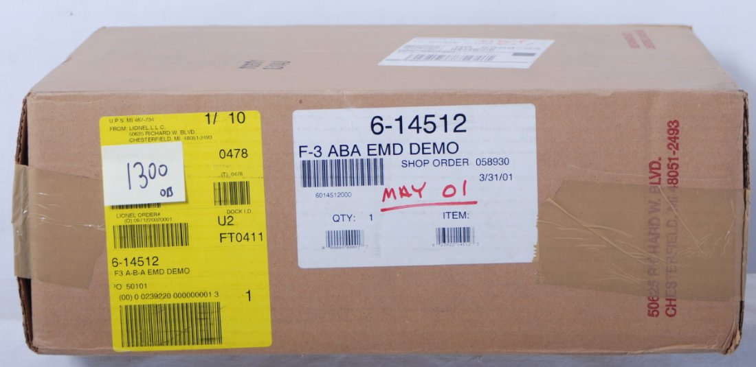 Lionel 14512 F3 ABA EMD Demo units: Lionel modern O gauge 14512 F3 ABA EMD Demo units. Loco features TMCC, Railsounds, Electrocouplers, and much more. Locos are factory sealed in the master carton C10.