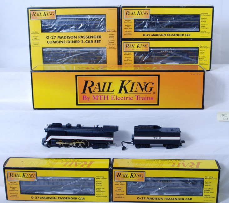 MTH Railking Wabash Hudson and passenger cars: MTH Railking modern O gauge Wabash 30-1147-0 Hudson with whistle and smoke. Also includes six passenger cars. Passenger cars include 30-6262 A-D with two coaches, baggage, and observation. Also includ