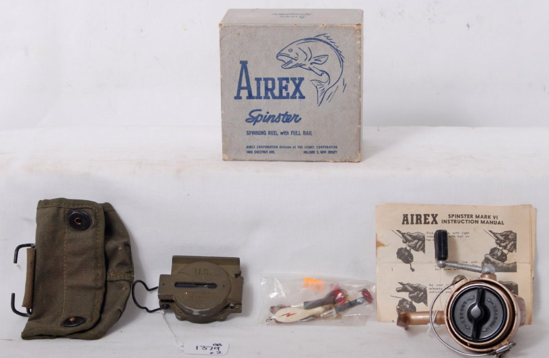 Lionel Airex Spinster in OB, compass in pouch: Postwar Lionel Airex Spinster Mark VI spinning reel with full bail in original box with instructions sheet and four original Airex spinning lures. Lionel lensatic compass in original pouch. Compass is