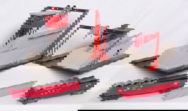 Lionel 342 culvert loader unloader bridge 6342: Lionel 342 culvert loader and 345 culvert unloaders, railings are intact, 342 has some noticeable melt marks on ramps but it should still function fine, includes -10 bridge and two 6342 gondolas, C4-5