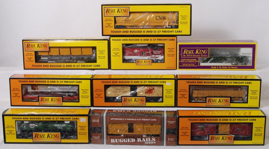 10 Railking freight cars McDonalds, CNW, Sinclair, : MTH Railking modern O gauge freight cars in OB. Ten freight cars include 76053 Chicago and Northwestern flat with LCL containers, 76043 McDonalds flat with trailer, MT-7204 Milwaukee Road gondola, 754