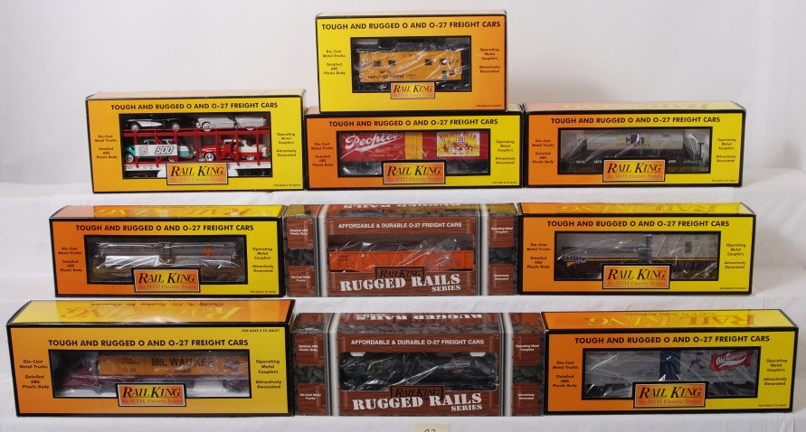 10 Railking freight cars Milwaukee, Old German, etc: MTH Railking modern O gauge freight cars in OB. Ten freight cars include 76142 Soo Line auto carrier, 73167 Canadian Pacific tank car, 73235 MTH club wooden tank, 78009 Holiday Beer reefer, 7202 Milwa