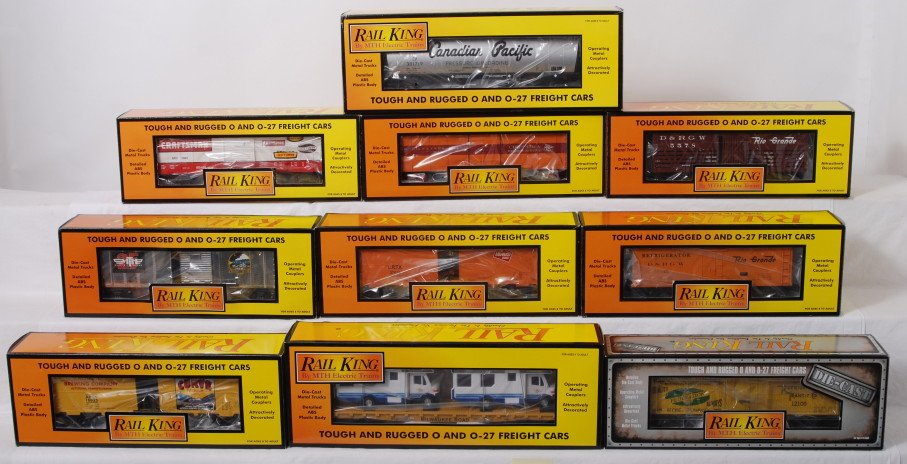10 Railking freight cars Craftsman, Milwaukee, CP, : MTH Railking modern O gauge freight cars in OB. Ten freight cars include 7408 Craftsman boxcar, 74082 Milwaukee Road boxcar, 74219 MTH 25th Anniversary boxcar, 7159 Rio Grande stock car, 78013 Rio Gra