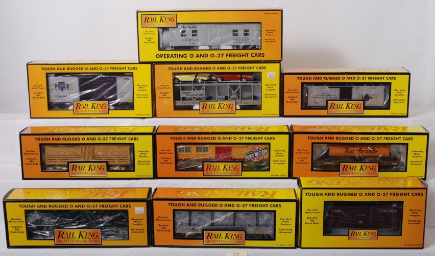 10 Railking freight cars Rio Grande, V&T, CNW, etc: MTH Railking modern O gauge freight cars in OB. Ten freight cars include 73138 Rio Grande tank car, 7145 V&T stock car, 2123 Rio Grande snow plow, 74347 MTH club boxcar, 79036 Chicago and Northwestern