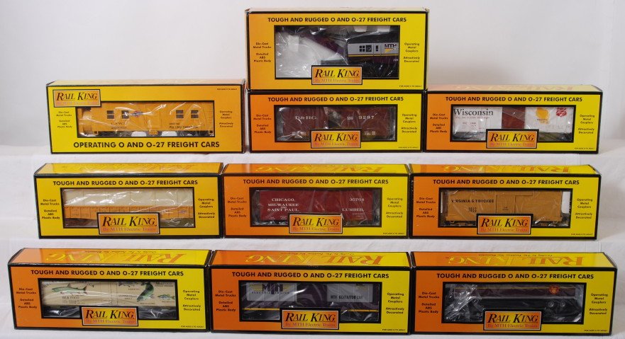 10 Railking freight cars CNW, V&T, CP, etc: MTH Railking modern O gauge freight cars in OB. Ten freight cars include 7921 Chicago and Northwestern rotary plow, 74197 Wisconsin State boxcar, 7205L Chicago and Northwestern gondola and crates, 742