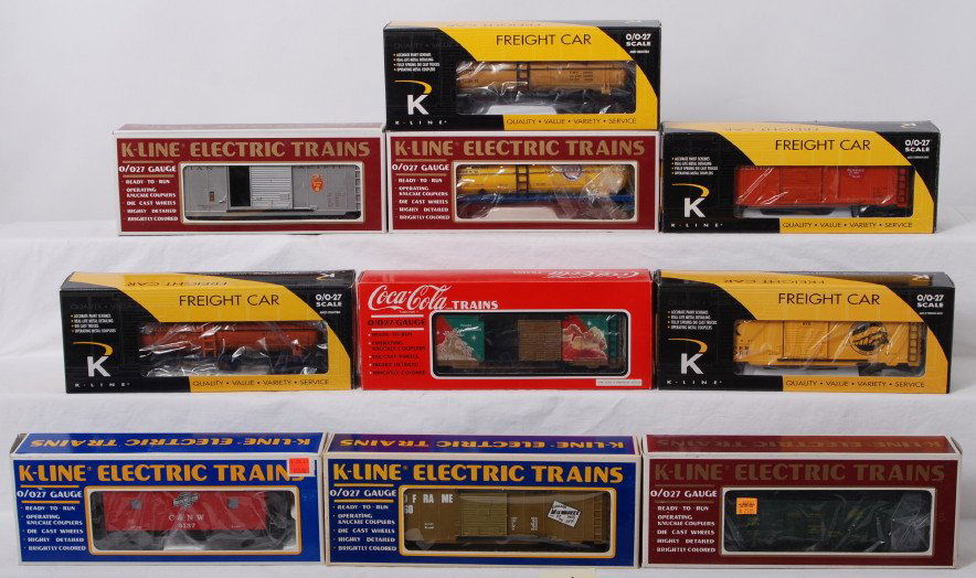 10 K Line freight cars Milwaukee, CNW, Coke, etc: K Line modern O gauge freight cars. Ten cars include Canadian Pacific boxcar, 6343 Pure Oil tank car, 631-1373 Milwaukee Road tank car, 641-1372 Milwaukee Road express boxcar, 6137 Chicago and Northwe