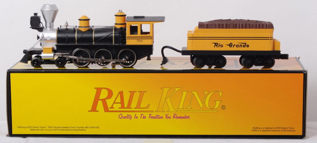 Railking Rio Grande 4-6-0 with Proto: MTH Railking modern O gauge 30-1160-1 Rio Grande 4-6-0 steam locomotive in OB. Loco features Protosound, Protosmoke, Protocoupler, and more. Loco is C7+ with run time and small paint chips at cab corn